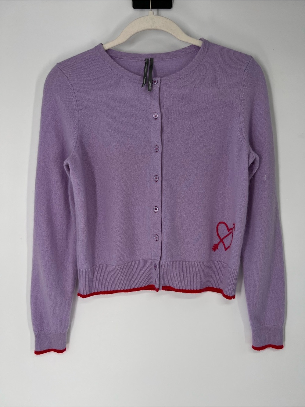 Anthropologie 100% Cashmere Purple Red Heart Motif Embroidered Cardigan Sweater